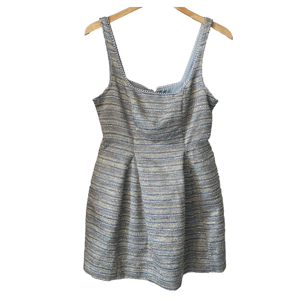 Maeve Anthropologie Blue Gold Metallic Tweed Chain Trim Mini Dress US 10
